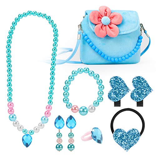 Hifot Kinderschmuck Kleine Mädchen Plüsch-Handtasche Halskette Armband Ohrringe Ring Haarspangen Haarbänder Set, Prinzessin Kleid schmuck Party Favors Geschenk zum Pretend Play