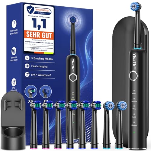 Rotierende Elektrische Zahnbürste für Erwachsene und Kinder mit 8 Aufsteckbürste, Electric Toothbrush mit Wandhalterung Ladestation, 5 Putzmodi und Reiseetui, 60 Tage Akkulaufzeit (Schwarz)