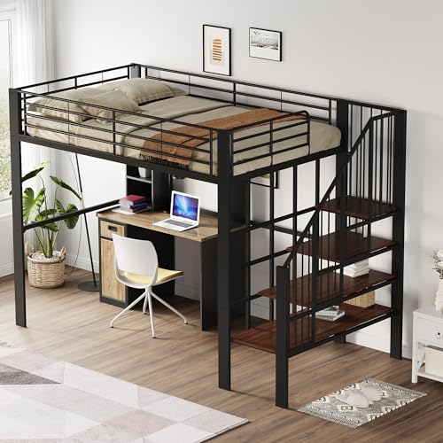 Merax Metall Hochbett 140 x 200 cm mit Regal, Multifunktionales Hochbett für 2 Personen mit Treppe, für Kinder, Schwarz (ohne Matratze, Schrank und Schreibtisch)