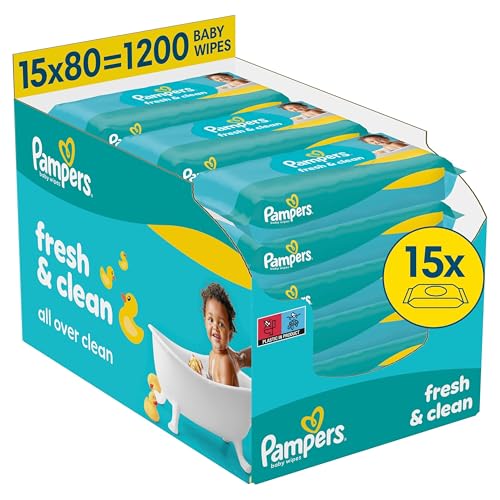 Pampers Fresh Clean Feuchttücher 15 Packungen mit 80 Stück, 1200 Feuchttücher, milder Duft, auch für Hände und Gesicht geeignet