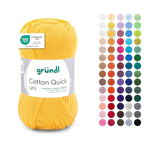 Gründl Wolle Cotton Quick uni - dünne Wolle zum Häkeln - Strickgarn - Häkelgarn - Glänzend und hautfreundlich - 100 % Baumwolle - 1 Knäuel 50 g / 125 m - Nadelstärke 3 - 4 - Maisgelb