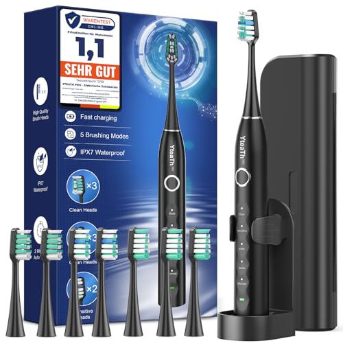 Elektrische Zahnbürste mit 8 Bürstenköpfen (3 Typen), Schallzahnbürste für Erwachsene, Electric Toothbrush mit Timer, 120 Tagen Akkulaufzeit, 5 Putzmodi, Reiseetui, Wandmontierte Ladestation