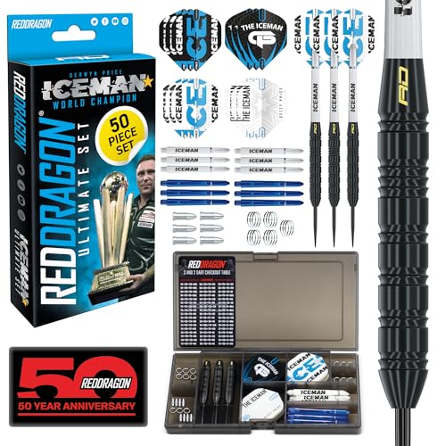 RED DRAGON, Gerwyn Price Iceman Steel-Dart-Set, 22 g Dartpfeile aus Messing mit Razor-Edge-Grip, 50-teiliges Set mit Dart-Flights, Dartschäften und Aufbewahrungskoffer