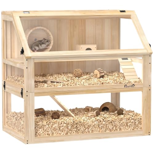 PawHut Hamsterkäfig aus Holz 3 Etagen Wippe 80 x 50 x 76 cm Naturholz
