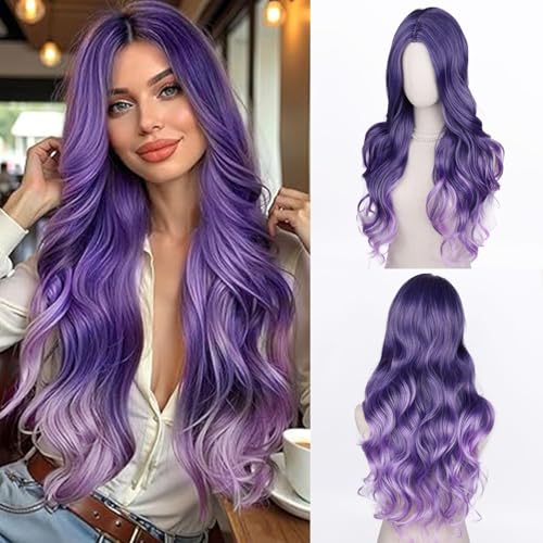 Fulang Hair Lange Gewellte Lila Gemischt Violett Perücke für Frauen, Lange Lockige Hitzebeständige Faser Synthetische Perücke Ombre Perücken, peruka damen natürlich haare für den täglichen