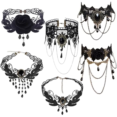 QckZee Gothic Kleidung Damen, 6 Stück Gothic Halskette Set Mit Vintage Schmuck, Hexen Zubehör Für Lolita Dress Und Halloween Kostüm, Gothic Schuck Für Cosplay Und Steampunk Events