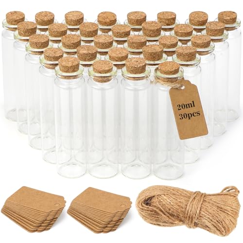 beihuazi Mini Glasflaschen mit Korken 30 Stück Reagenzglas mit Korken Glas, Glasfläschchen Kleine Flaschen zum Befüllen mit Hängeetiketten Zwirn für DIY, Hochzeitsdeko, Vorratsglas usw