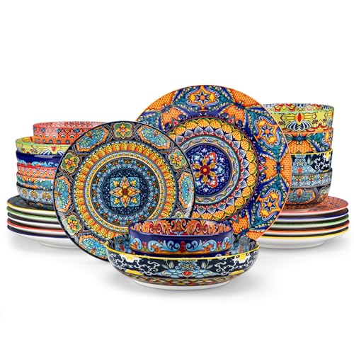 Geschirrset 6 Personen Keramik, vancasso KRVI 24tlg Modernes Porzellan Geschirr Set, Tafelservice im Böhmischer Stil, Tellerset und Schalenset, buntes Kombiservice