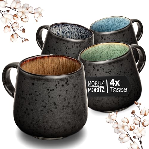 Moritz & Moritz SOLID 4er Tassen Set Bunt - Kaffeebecher Set Außen Schwarz - Robustes Steinzeug - Spülmaschinen- & mikrowellenfest - Perfekt für Kaffee, Tee & mehr