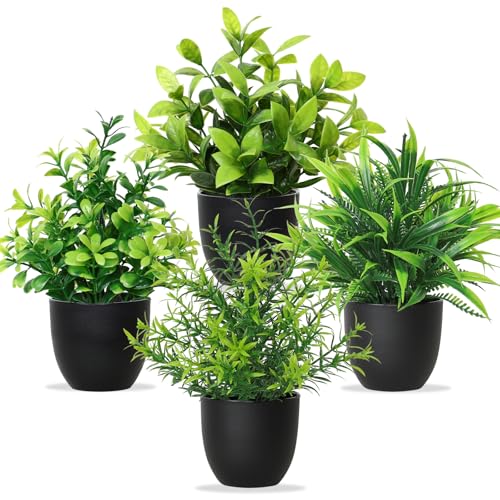 Betylifoy Künstliche Pflanzen mit Topf 6pcs Kunstpflanze Kleine Grünpflanzen Dekor Kunststoff Pflanzen Indoor Dekor für Büro Haus Schlafzimmer Wohnzimmer (4, Grün-Schwarz-Topf, 7 x 20 cm)