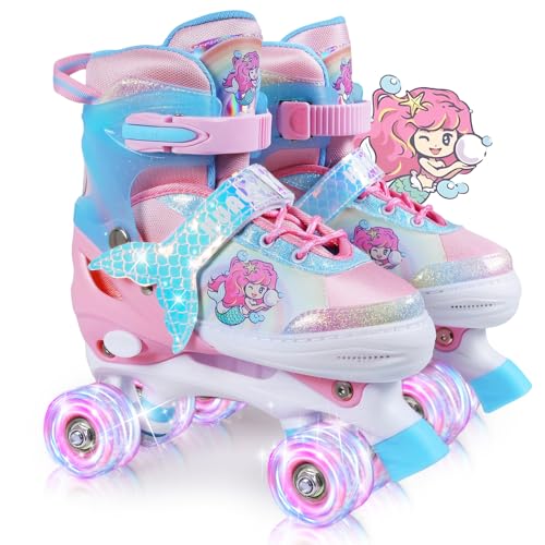 Kinder Rollschuhe-Verstellbare Rollschuhe für Mädchen und Jungen, Atmungsaktiv Kinderrollschuhe mit Leuchtenden Rollen, Verstellbare Kinderrollschuhe für Mädchen, Jungen, Kinder, Anfänger (Pink, S)