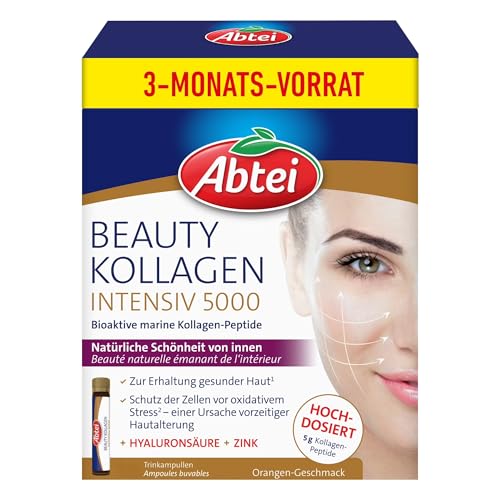 Abtei Beauty Kollagen Intensiv 5000 - für natürliche Schönheit von innen - hochdosiert, 5000 mg Kollagen-Peptide, Hyaluronsäure, Zink und Vitamin C – zuckerfrei - Monatspackung, 30 Trinkampullen