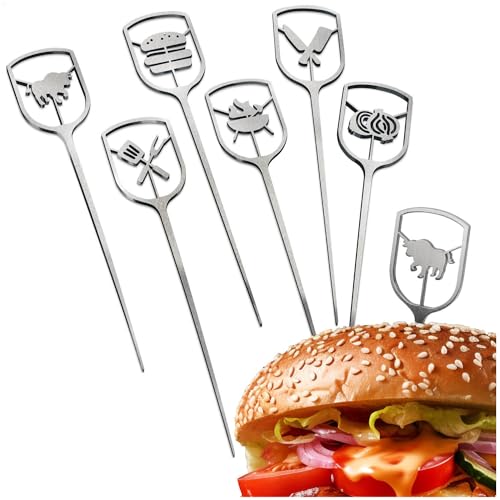 Robin Goods® 6x Burger-Spieße aus rostfreiem Edelstahl - Metallspieße mit breiter, ausgestanzter Grifffläche - Grill-Spieße - Servierspieße (06 Stück)