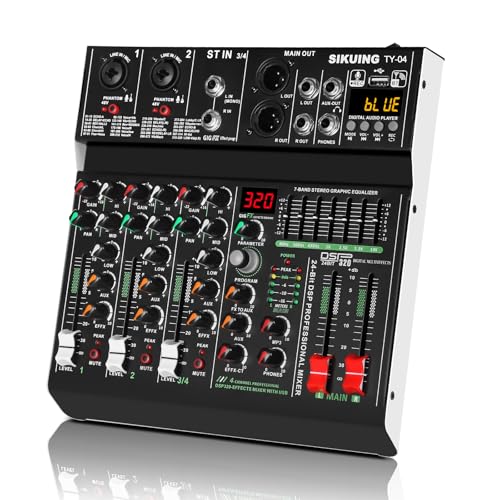 4-Kanal Tragbares Mischpult,Profi Sound Board Audio Mixer,320 DSP-Effekte+7-Band Equalizer,Bluetooth Soundkarte+USB-Schnittstelle,ideal für PC-Aufnahmen,Karaoke-Studio-Effekte & Streaming-Wiedergabe