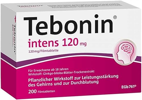 Tebonin intens 120 mg | 200 Tabletten bei akutem & chronischem Tinnitus* | pflanzliches Arzneimittel mit Ginkgo Biloba Extrakt unterstützt bei Ohrengeräuschen* & Schwindel | mit Ginkgo Spezialextrakt