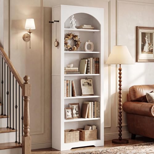 IRONCK Bücherregal 195 cm Extra Hoch, 6 Ebenen Standregal mit Rundbogen, Bücherwand mit 2 Haken, Offenes Aufbewahrungsregal & Display-Regal für Büro, Wohnzimmer & Arbeitszimmer