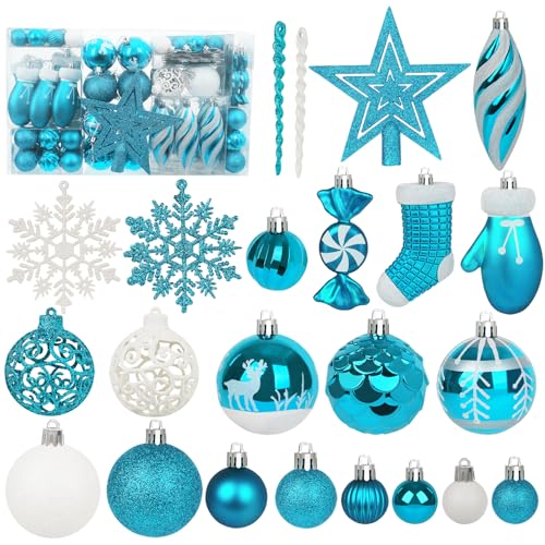 Miaikoe 135 Stück Weihnachtskugel Ornamente Set, zerstörungsdicht Plastik Sortierte vorgebundene Weihnachtskugeln für Weihnachtsbaum hängende Dekorationen Festival Party Holiday Dekor (Teal)