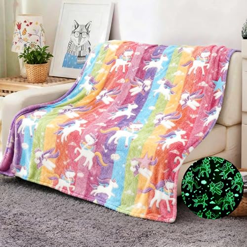 ZZXLOPEZ Kuscheldecke Kinder, Glow In The Dark Kinderdecke, Regenbogen Einhorn Geschenke Mädchen, Sofadecke, Super Weiche und Warme Decke, Mädchen Geschenkideen für Kinder 1-12 Jahre(Farbe, 130x170cm)