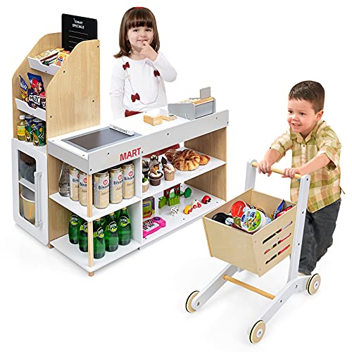 GOPLUS Kaufladen mit Einkaufswagen, Supermarkt Holz, Kaufmannsladen mit Tafel & Registrierkasse, inkl. Scanner & Kartenlesegerät & Kreditkarte & Münzen, Rollenspiele für Kinder ab 3 Jahren