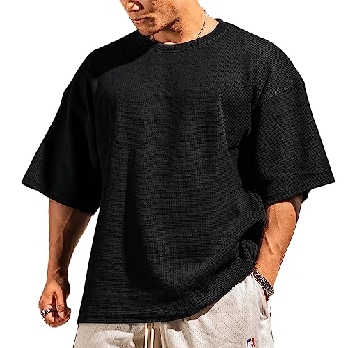 Herren Basic Kurzarm Waffel Lockere Trainieren Fitness Shirt Schwarz L