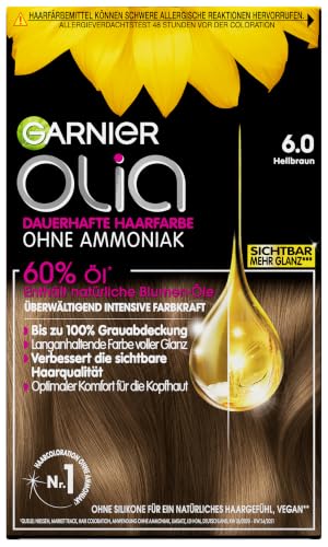 Garnier Olia Dauerhafte Haarfarbe 6.0 Hellbraun, ohne Ammoniak, permanente Coloration, bis zu 100% Grauabdeckung, langanhaltende Farbe bis 8 Wochen, intensiver Glanz, 3 x 1 Stück