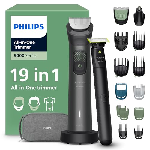PHILIPS Multigroom Series 9000 All-in-One 19-teiliger Barttrimmer und Haarschneider + OneBlade-Trimmer - Komplettes Pflegeset für Gesicht, Kopf & Körper, 27 Längeneinstellungen (0,2-20 mm), MG9556/15