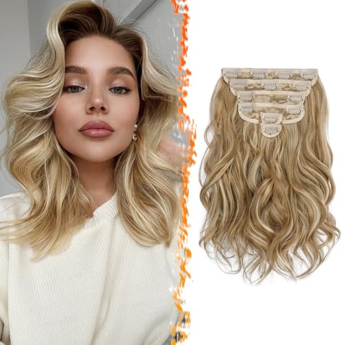 BARSDAR Clip in Extensions - Wellige Haarverlängerungen Mit Highlights Für Frauen, 6 Stück, 30cm, Voller Kopf, Dickes Natürliches Weiches Synthetisches Haarteil - Glodenblond