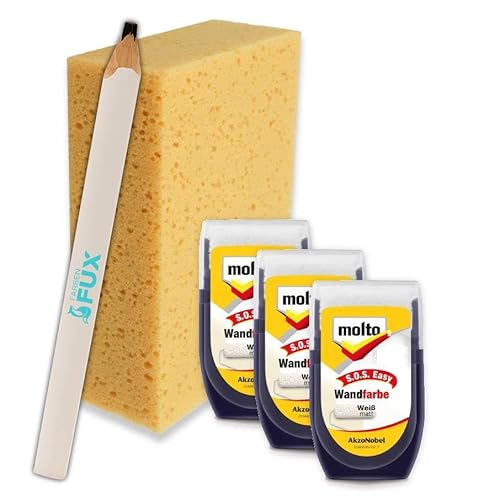 Erhard-Trading 3er-Set: SOS Easy Wandfarbe Farbroller weiß matt 30 ml mit Schwamm und FarbenFux Zimmermannsbleistift