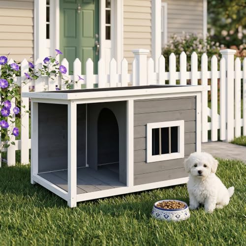 COSTWAY Hundehütte aus Holz mit überdachter Veranda, 86 x 63 x 60 cm | Haustierhaus mit aufklappbarem Schrägdach, erhöhtem Boden und Fenster, Unterschlupf für Katzen für Innen- und Außenbereich