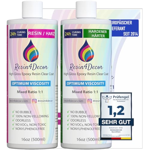 Epoxidharz Set RESIN4DECOR 1:1 Gusskristallklarer Gießharz Klebstoff für Kunsthandwerk Schmuck Formenbau Vergilbungsfrei Ungiftig 24 St Aushärtungszeit Geruchlos Resin Laminierharz - 1000ml