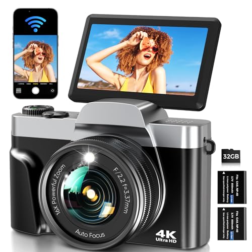 Digitalkamera mit WLAN 4K 64MP WiFi Fotokamera mit 3″ 180° Klappbildschirm, Autofokus,16X Digitalzoom, 2 Akkus & 32GB Karte Kompaktkamera für Vlogging & Fotografie