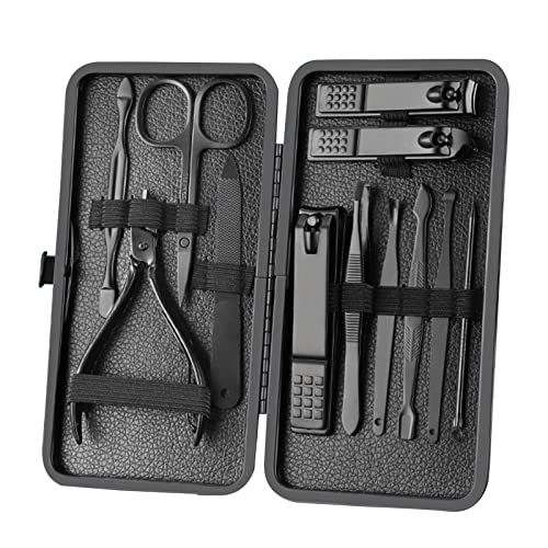 Maniküre Set Nagelknipser Pediküre Set-12pcs Edelstahl Nagelset, Pflegeset Männer, Nagelschere Set Werkzeuge Mit Luxuriöser Reise-Ledertasche Geschenkbox (12, Schwarz)
