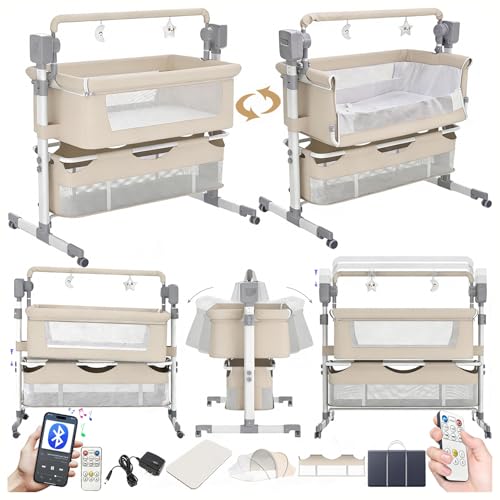 Magic ZC Elektrische Bluetooth Intelligent Beistellbett Baby mit Rollen, Convertible Faltbar Co-Sleeping Babybett, Fernbedienung, 5-schwankende Zahnräder, Stubenwagen Wiege mit Musik (601 Beige)