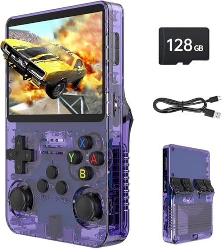 R36S Retro Handheld Spielkonsole, Retro Konsole 3,5-Zoll-IPS-Bildschirm, 128 G über 40.000 Spiele, tragbare Spielkonsole für Kinder und Erwachsene, unterstützt mehrere Emulatoren (Violett)