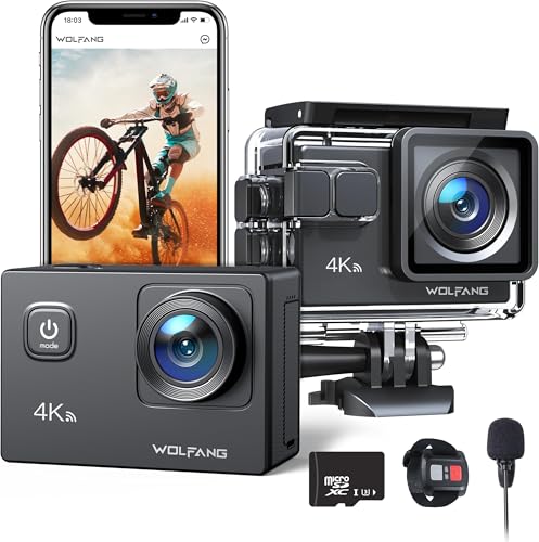 WOLFANG Action Cam 4K30FPS 20MP mit 32GB microSDXC Speicherkarte WiFi 40M Unterwasserkamera Wasserdicht EIS Actioncam Fernregler Mikrofon Zubehör Kit