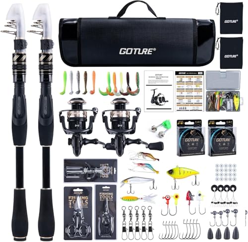 Goture Angelset mit 2 Teleskop-Angelruten, 2,7m Angelrute Set Komplett 2 5.2:1 Spinnrolle, Schnur, Köderbox & Tragetasche – für Salz-/Süßwasser, Reisen–Angelgeschenk