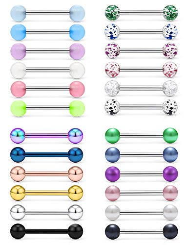 vcmart 24stk Zungenpiercing Set 14G Chirurgenstahl Piercing Zunge Tongue 12/14/16/18mm Stab Verschiedene Kugeln