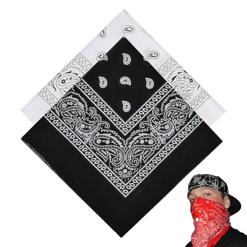2 Stück, Bandana Damen Herren, Kopftuch, Halstuch Herren, Bandana Schwarz, Für Unisex Tuch Bindetuch, Headwear, Haar, Schal, Paisley Muster, Schwarz Und Weiß (55 X 55 Cm)
