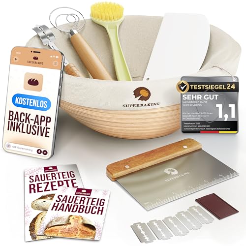 Superbaking Gärkörbchen Rund - 9 Zoll Rattan Sauerteig Brot Gärkorb - 9-Teiliges Komplettes Sauerteig Starter Set Brotkörbchen Brot Backen Zubehör Sauerteig Starter Kit, Brotform Banneton Gärkorb Set