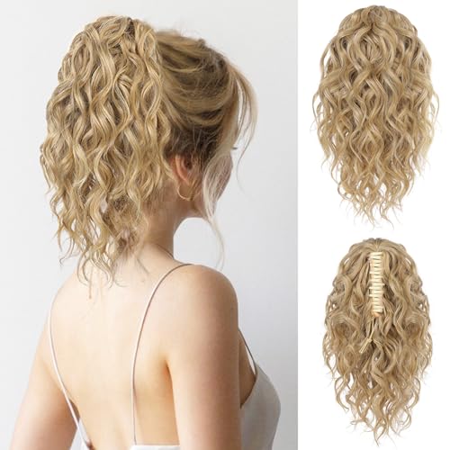 FLUFYMOOZ Ponytail Extension, 31CM kurze Klauen Pferdeschwanz Haarverlängerung, gewellte, lockige Pferdeschwanz mit Kinnclip, synthetische Perücken für Frauen Goldblond mit Highlights