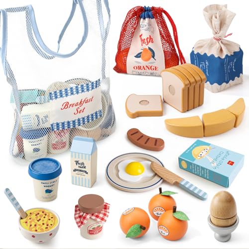 Lehoo Castle Montessori Lernspielzeug Frühstück Spielset für Kinder ab 3 Jahren, Holz Spielküche Zubehör, Rollenspiel-Küchenset Kinderküche Zubehör mit Pfannkuchen, Eiern, Toast