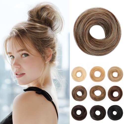 SEGOHAIR 17G Haarteile Echthaar Mit Gummiband Unordentlicher Dutt Donut Accessoire Gerades Haar Für Damen Mittelbraun/Dunkelblond Duttformer Echtes Remy Haar Hochsteckfrisuren Chignon