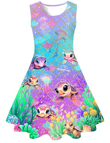 Belovecol Kleid für Mädchen Kinder Ärmelloses 3D Meeresschildkröte Sommerkleid A-Linie Blaue Kleid 8-9 Jahre