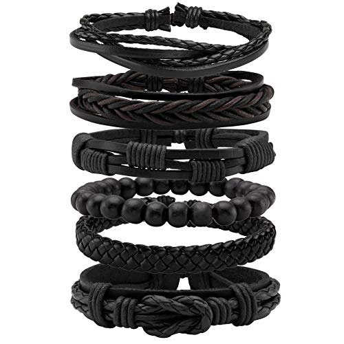 Milakoo 6 Stk. Schwarz Geflochtene PU Lederarmbänder für Männer Frauen Manschette Wickel Armbänder