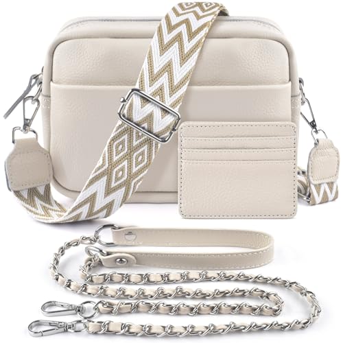 BROTOU Damen Echtes Leder Umhängetasche Crossbody Bag mit 2 Breitem Schultergurt Kartenhalter, Kleine Umhängetasche Damen mit 3 Fächern (S-Beige)