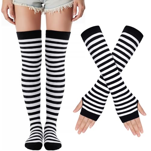 Kiiwah Gestreifte Kniestrümpfe & Lange Fingerlose Handschuhe Set, Oberschenkel Hohe Socken Lange Strickhandschuhe für Damen Mädchen Party Stützen Kostüm Halloween