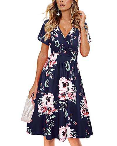 VOTEPRETTY Sommerkleid Damen Knielang Kleid Sommer V Ausschnitt Wickelkleid Kurzarm Midikleid mit Taschen