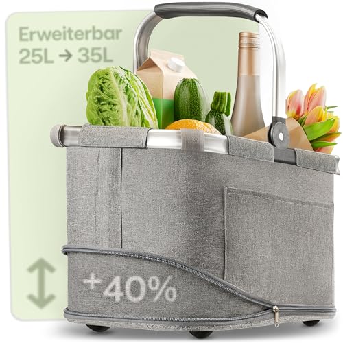 Praknu Einkaufskorb Faltbar Groß – 2 in 1 Erweiterbar 25L auf 35L – Abnehmbarer & Waschbarer Bezug – Stabil mit Alurahmen & Verstärktem Boden – Extra Fächer Innen & Außen – Tragekorb – Grau