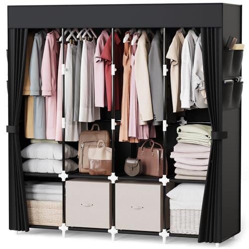 Mavivegue Kleiderschrank Stoff, 170 * 42 * 170 cm, Stoffschrank mit 4 Kleiderstange Stabil & 8 Fächern, Faltbarer Kleiderschrank für Schlafzimmer und Wohnzimmer, Schwarz