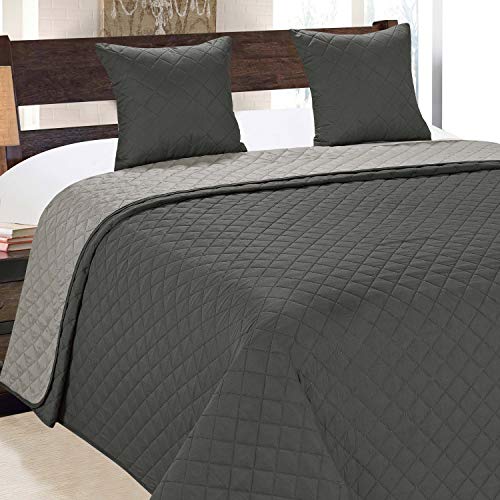 Euromat Tagesdecke Steppdecke Bettüberwurf Gesteppte Zweiseitig Tagesdecke mit 2 Kissenbezüge 40x40 cm- (Dunkelgrau Silber- 10, 180x220 cm)